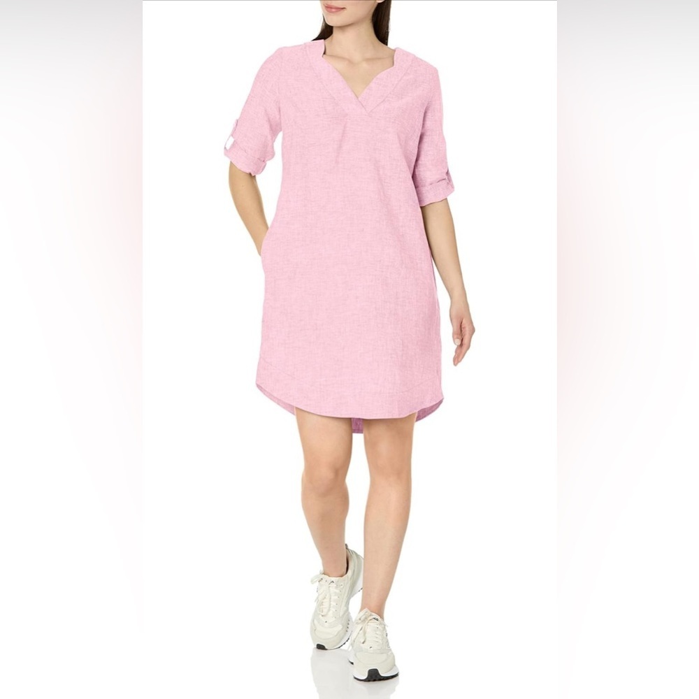 Foxcroft Women's Plus Size 14 Pink Linen Shirt Dress 3/4 Sleeve V-Neck